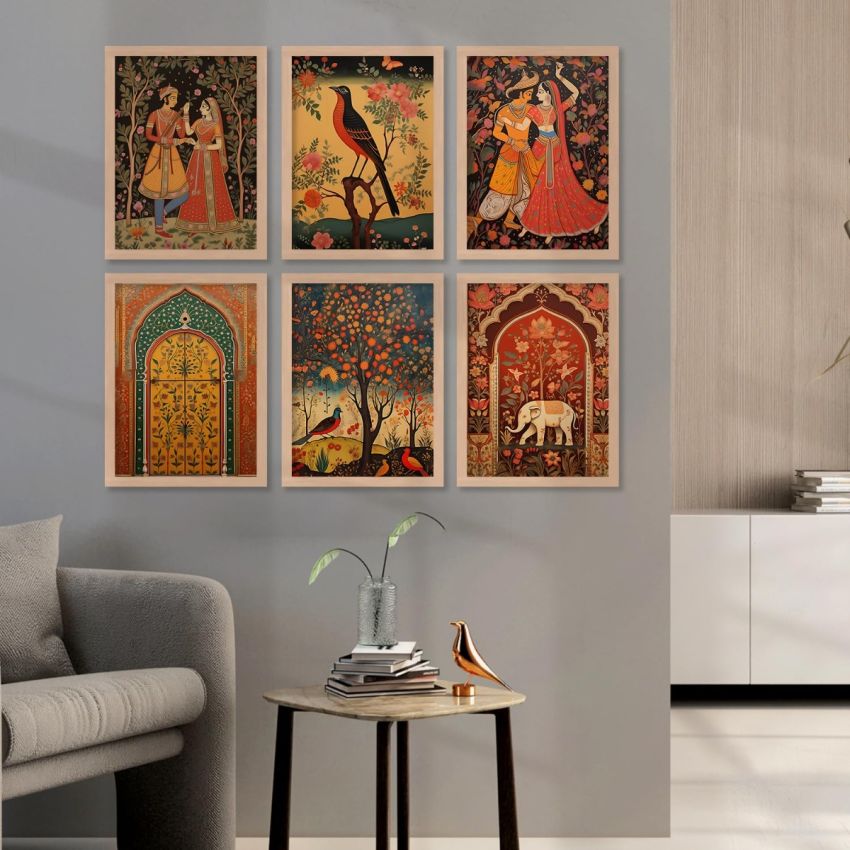 Kotart Premium Digital Madhubani Paintings with Frame for Living Room Bedroom Office Room Decor - Pack of 6 (10x13) (Combo04)-Polystyrene Polystyrene