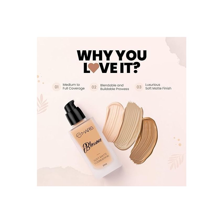 MARS Blossom Soft Matte Full Coverage Foundation Lotion For All Skin Types|Blendable And Buildable|Flawless Base Full Coverage Foundation For Face Makeup(30 Ml)(01-Porcelain),Pack Of 1