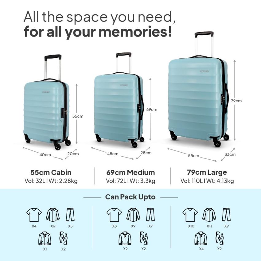 American Tourister Barcelona 55 cms Small Hardside Cabin Suitcase with a 3-Digit Combination Lock & Pack Smart Interiors - Powder Blue
