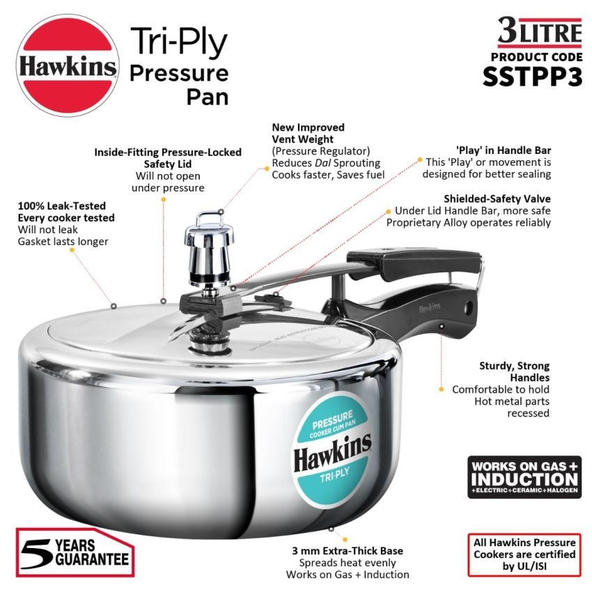 Hawkins 3 Litre Tri-Ply Pressure Cooker cum Pan, Triply Stainless Steel Inner Lid Cooker, Pan, Silver (SSTPP3)
