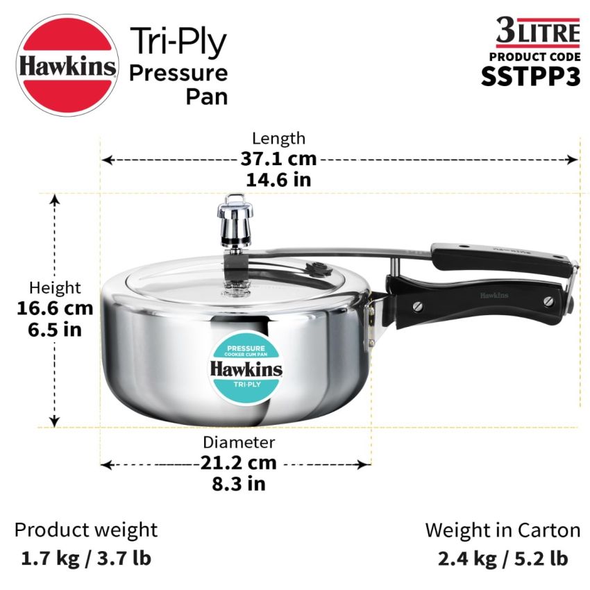 Hawkins 3 Litre Tri-Ply Pressure Cooker cum Pan, Triply Stainless Steel Inner Lid Cooker, Pan, Silver (SSTPP3)