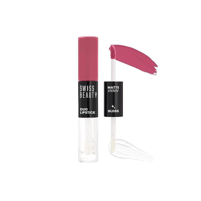 Swiss Beauty Duo Lipstick | Matte smudge-proof Liqud Lipstick + Transparent glossy Lipgloss | Transfer -proof and Long lasting | Shade-Poison Pink, 10mlong lasting | Shade-Poison Pink, 10ml