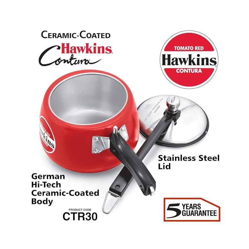 Hawkins 3 Litre Contura Pressure Cooker, Ceramic Coated Handi Inner Lid Cooker, Tomato Red (CTR30)