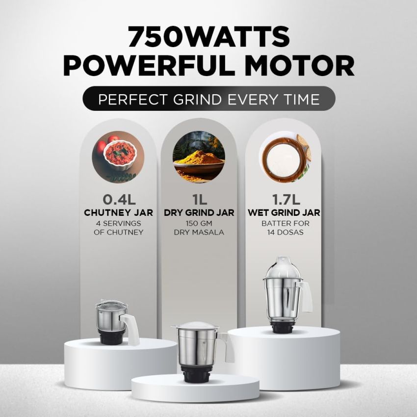 Preethi Popular MG 142 750 Watt Mixer Grinder with 3 Jars - White 