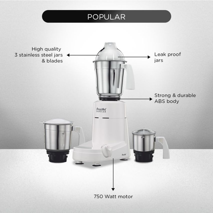 Preethi Popular MG 142 750 Watt Mixer Grinder with 3 Jars - White 