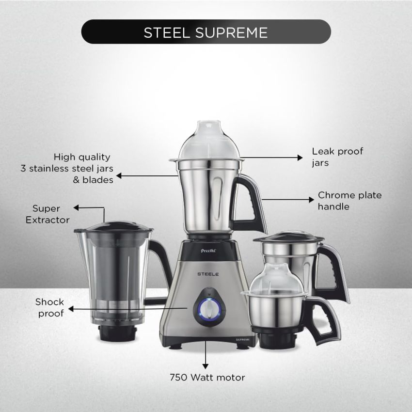Preethi Steel Supreme MG 208 750Watt Mixer Grinder Silver/Black