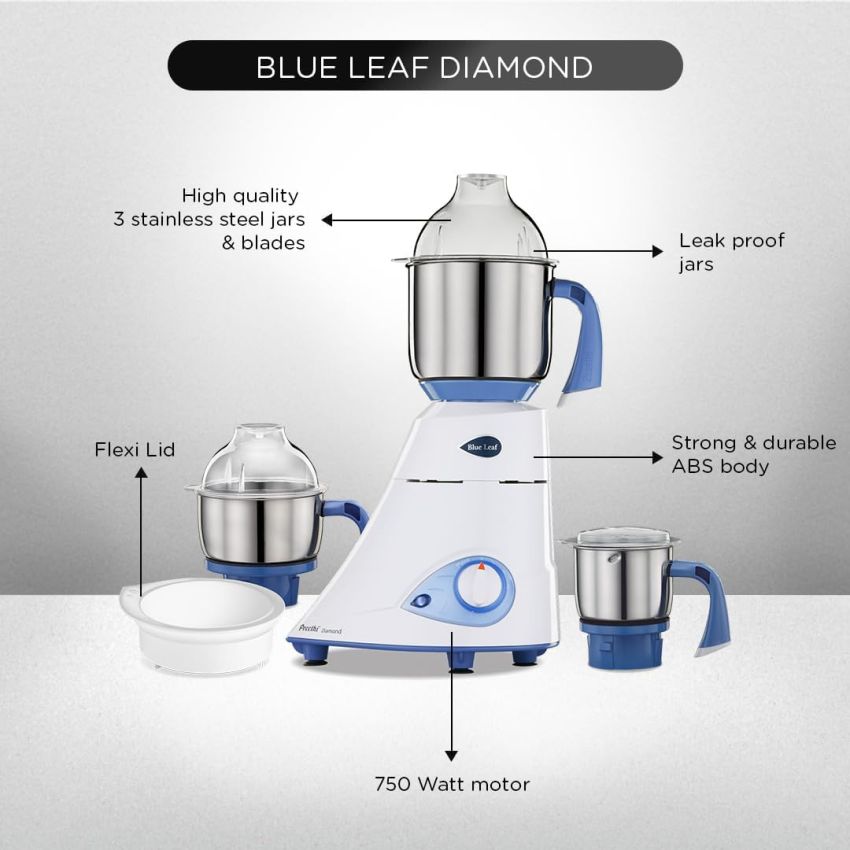 Preethi Blue Leaf Diamond MG-214 Mixer Grinder 750 Watt (Blue/White) 3 Jars