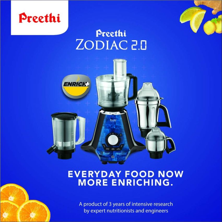 Preethi Zodiac 2.0 MG235 Mixer Grinder, 750 Watt with 4 jars Black