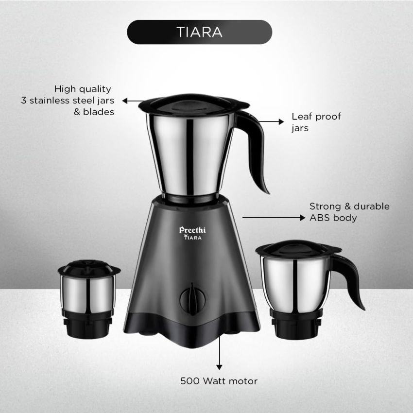 Preethi Tiara Mixer Grinder 500 Watt 3 Stainless Steel Jars Grey & Black 
