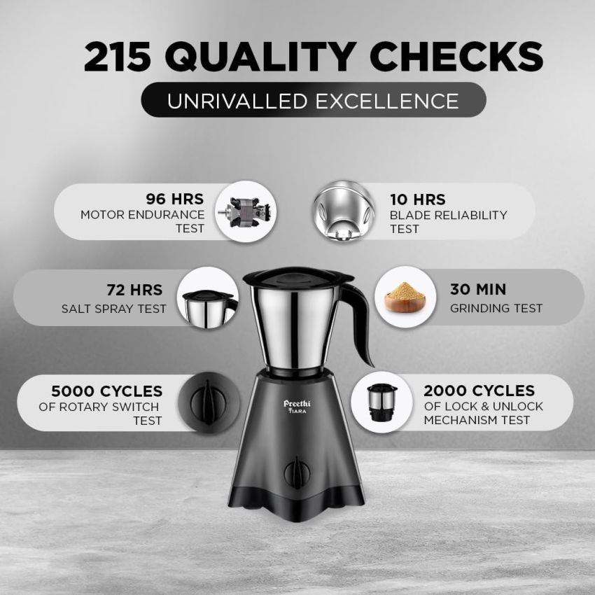 Preethi Tiara Mixer Grinder 500 Watt 3 Stainless Steel Jars Grey & Black 