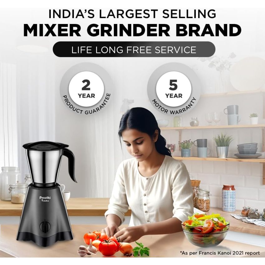 Preethi Tiara Mixer Grinder 500 Watt 3 Stainless Steel Jars Grey & Black 