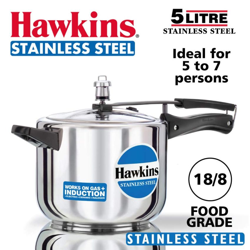 HAWKINS Stainless Steel Pressure Cooker, 5 litres, Silver & Stainless Steel Wide Pressure Cooker, 3 litres, Silver Combo