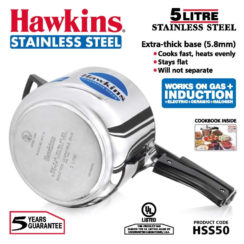 HAWKINS Stainless Steel Pressure Cooker, 5 litres, Silver & Stainless Steel Wide Pressure Cooker, 3 litres, Silver Combo