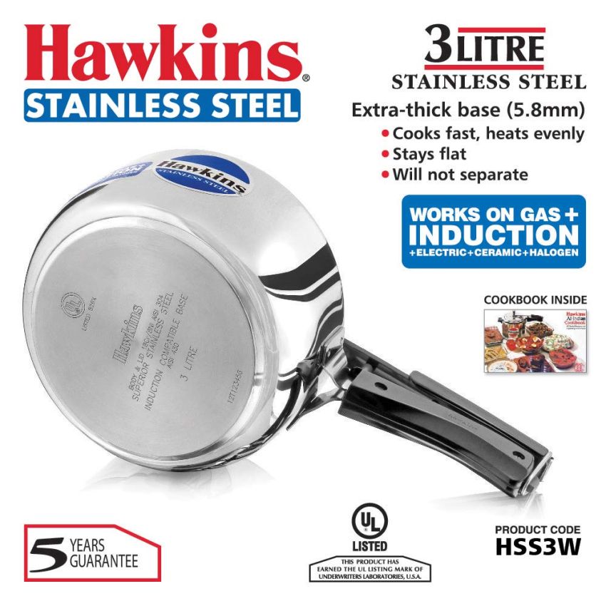 HAWKINS Stainless Steel Pressure Cooker, 5 litres, Silver & Stainless Steel Wide Pressure Cooker, 3 litres, Silver Combo