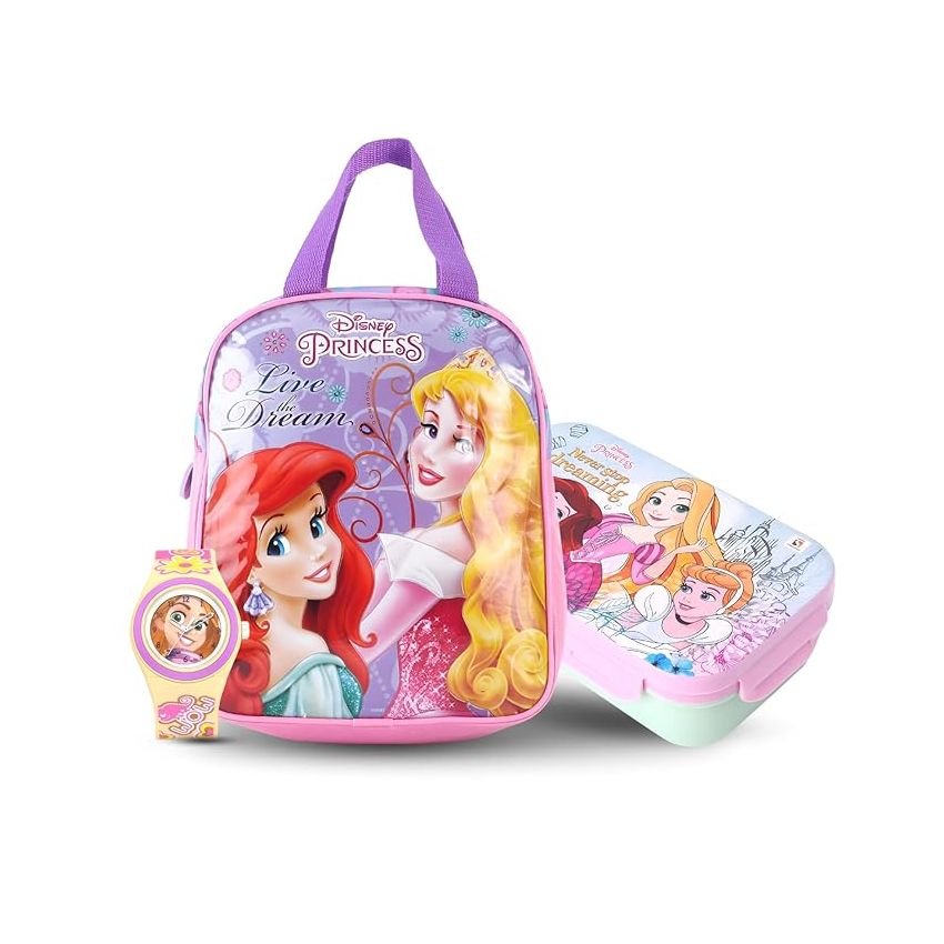 Zoop Disney Princess Gift Set - Analog Watch + Tiffin Bag + Tiffin Box for Kids