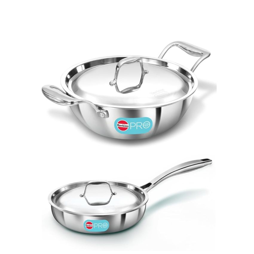 Hawkins Pro Triply Stainless Steel Cookware Combo Set (22 cm Fry Pan with LId and 2.5 LTS Kadai with Lid)