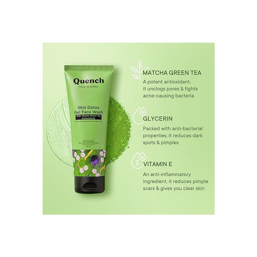 Quench Skin Detox Gel Face Wash with Matcha Green Tea Anti-Oxidants | Korean Face Wash for Oily & Acne-Prone Skin | Made in Korea (100ml)