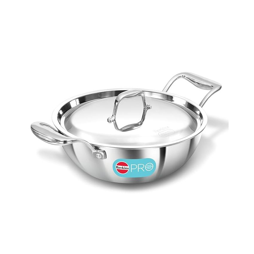 Hawkins Pro 2.5 Litre Deep-Fry Pan, Triply Stainless Steel Kadhai with Stainless Steel Handles and Stainless Steel Lid, Silver (PSK25S)