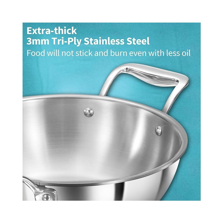 Hawkins Pro 2.5 Litre Deep-Fry Pan, Triply Stainless Steel Kadhai with Stainless Steel Handles and Stainless Steel Lid, Silver (PSK25S)