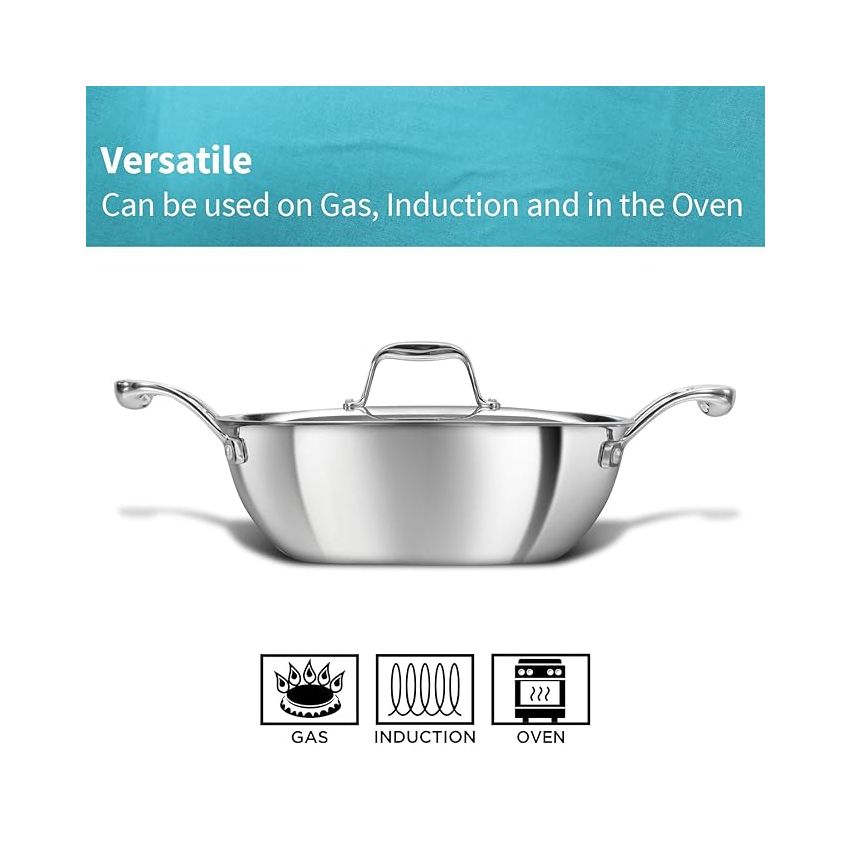 Hawkins Pro 2.5 Litre Deep-Fry Pan, Triply Stainless Steel Kadhai with Stainless Steel Handles and Stainless Steel Lid, Silver (PSK25S)