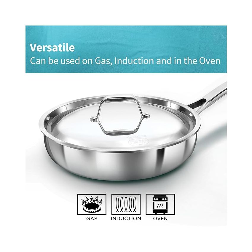 Hawkins Pro 22 cm Frying Pan, Triply Stainless Steel Fry Pan with Stainless Steel Handle and Stainless Steel Lid, Silver (PSF22S)