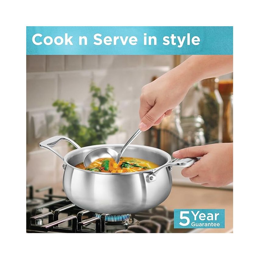 Hawkins 3L Pro Triply Stainless Steel Handi with Steel Handles and Steel Lid, Silver (PSH30S)