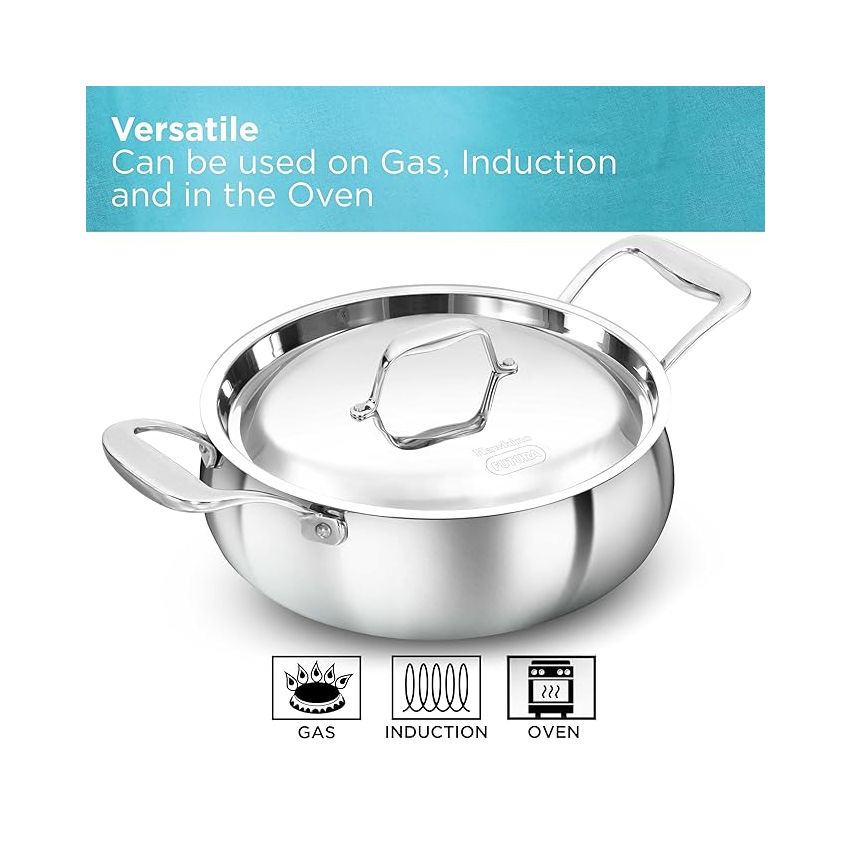 Hawkins 3L Pro Triply Stainless Steel Handi with Steel Handles and Steel Lid, Silver (PSH30S)