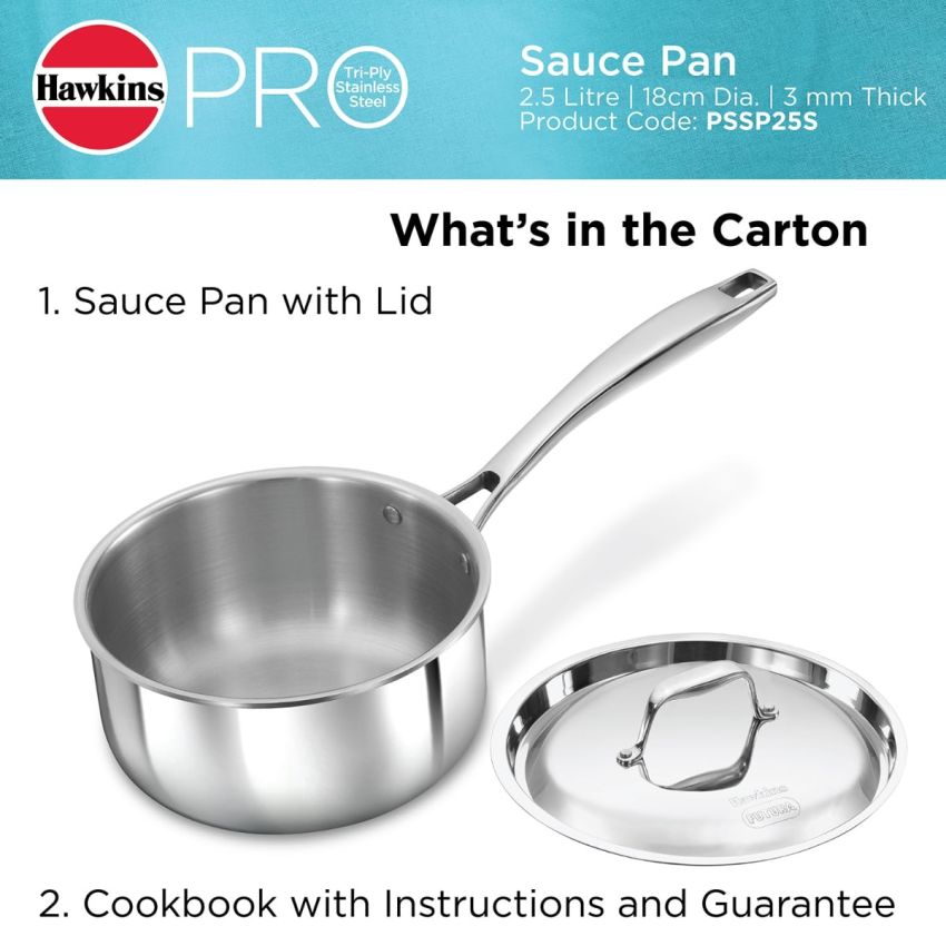 Hawkins Pro 2.5 Litre Sauce Pan, Triply Sauce Pan with Stainless Steel Handle and Stainless Steel Lid, Silver (PSSP25S)