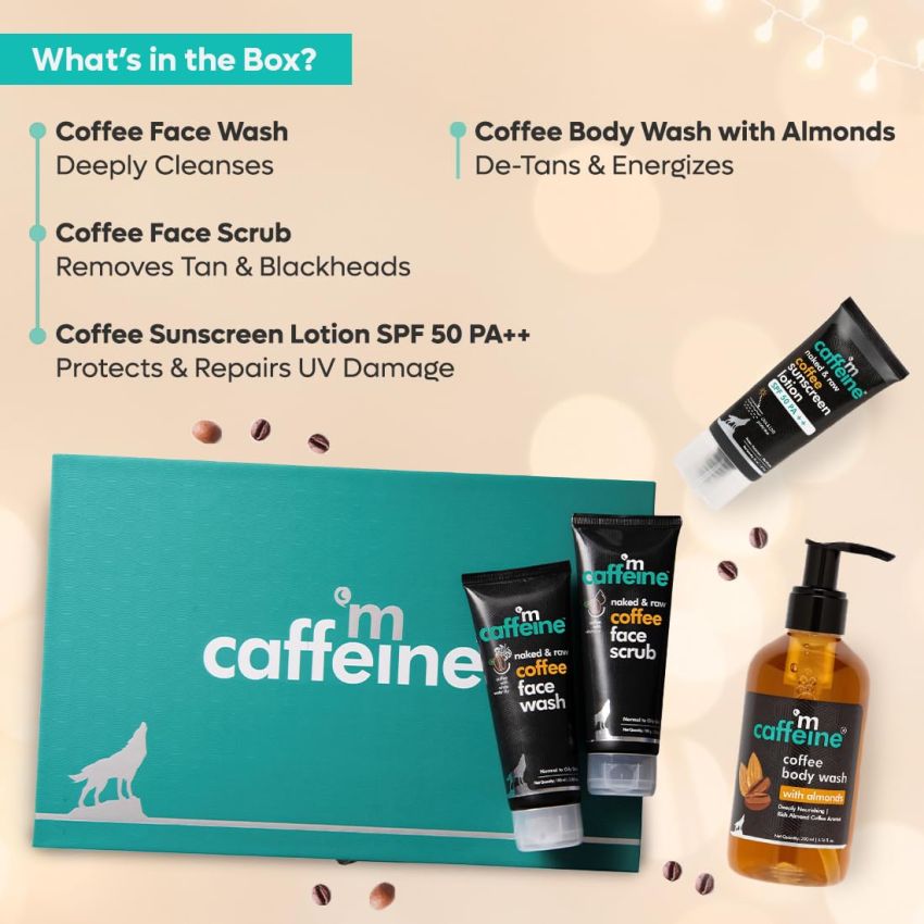 mCaffeine Gift Set for Couples with Coffee Skincare Range Men | Gift Set with Face Wash, Face Scrub, Body Wash & Sunscreen | Suitable Gift Kit for All Occasions & All Skin Types
