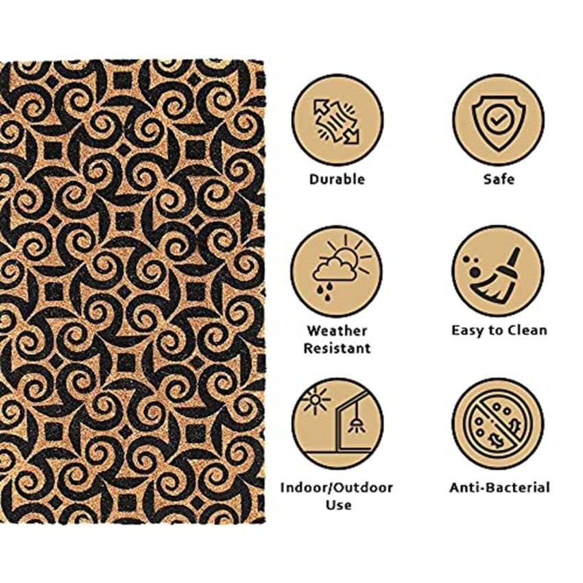 Onlymat Floral Print Coir Anti-slip PVC Back Doormat for Indoors, Outdoors, Patio, Living Room, Kitchen (75cm x 45cm, Black, Brown)
