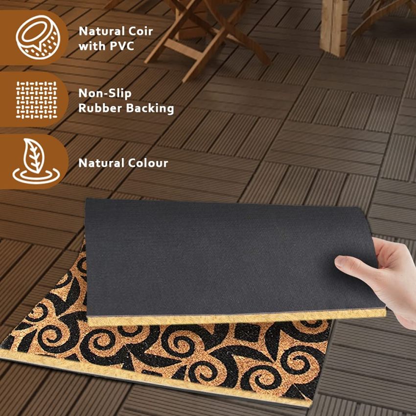 Onlymat Floral Print Coir Anti-slip PVC Back Doormat for Indoors, Outdoors, Patio, Living Room, Kitchen (75cm x 45cm, Black, Brown)