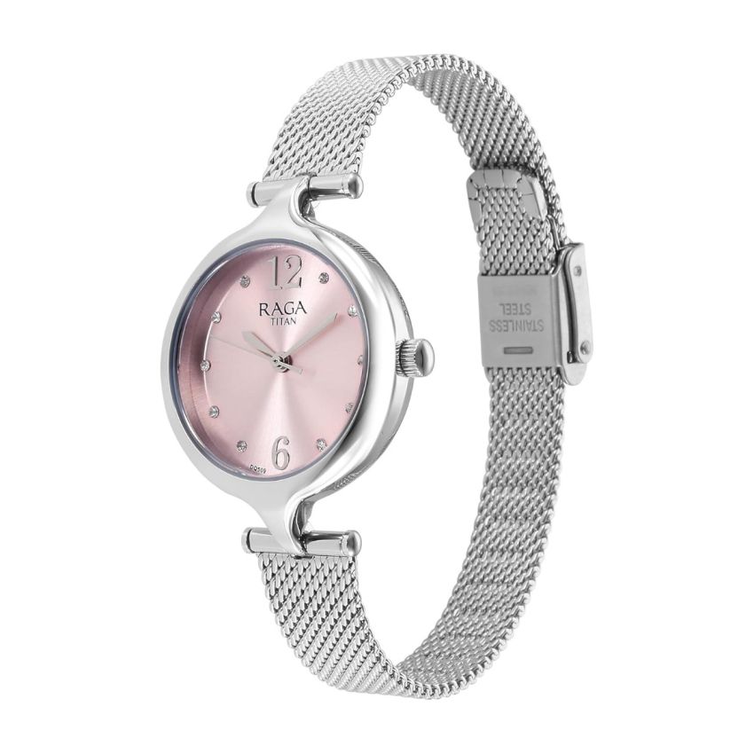 Titan Raga Showstopper Quartz Analog Pink Dial Metal Strap Watch for Women-95268SM01/NT95268SM01