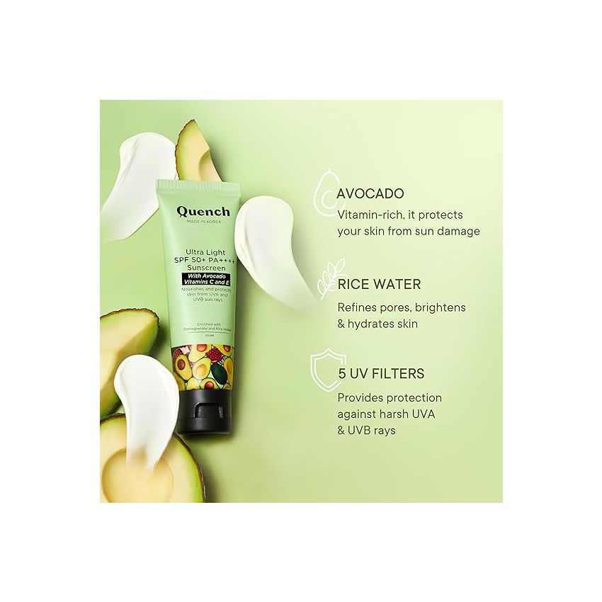 QUENCH BOTANICS Bravocado Sunscreen Spf 50+ Pa++++|Korean Sunscreen With Vitamin E & Avocado|No White Cast|Lightweight & Non-Sticky|Uva & Uvb Protection|For Women & Men (50Ml) All Skin Type