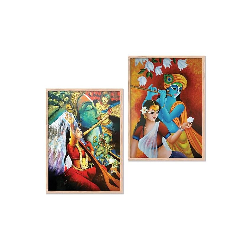 kotart Premium Radha Krishna Art Painting with Frame for Home Decoration - Traditional Painting for Living Room Bedroom Office Room Wall Decor - Pack of 2 (Large, Modern Art Painting, Design05)