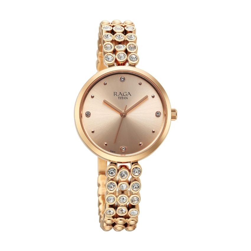 Titan Raga Showstopper Quartz Analog Rose Gold Dial Metal Strap Watch for Women-NS95262WM01/NT95262WM01