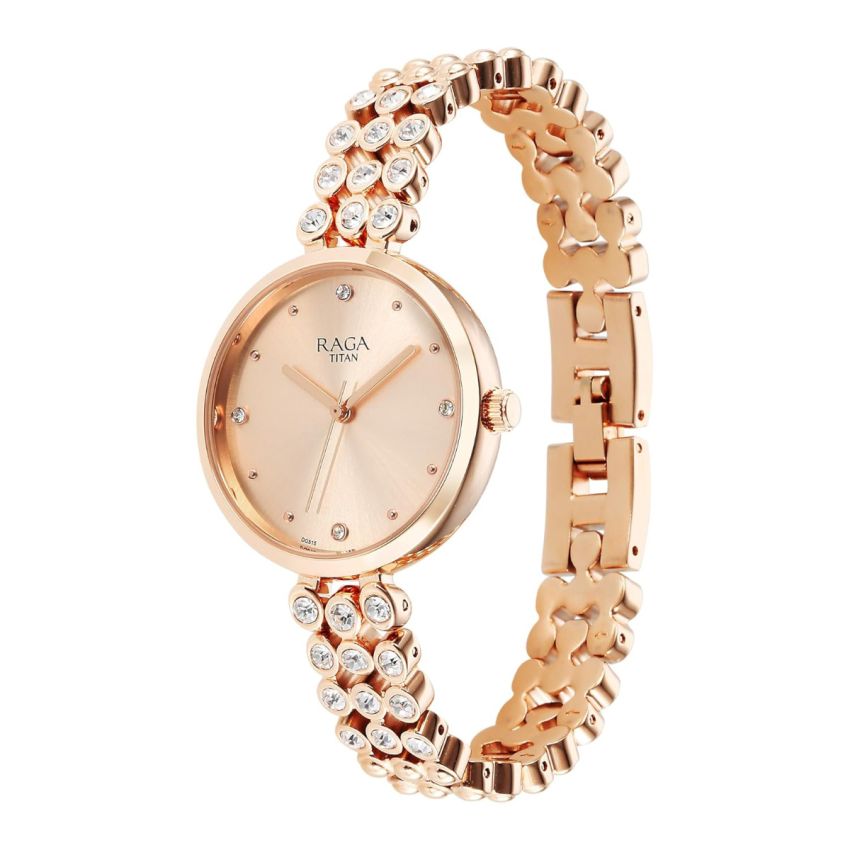Titan Raga Showstopper Quartz Analog Rose Gold Dial Metal Strap Watch for Women-NS95262WM01/NT95262WM01