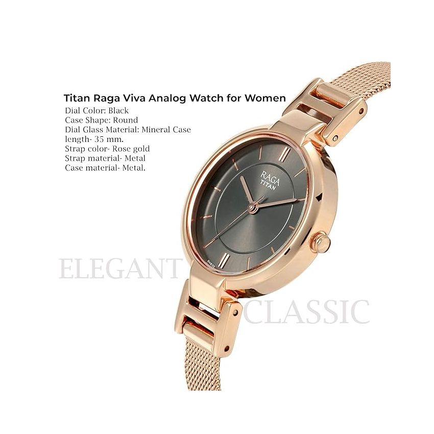 Titan Raga Viva Anthracite Dial Women Analog Rose Gold Watch With Metal Strap-NS2608WM02