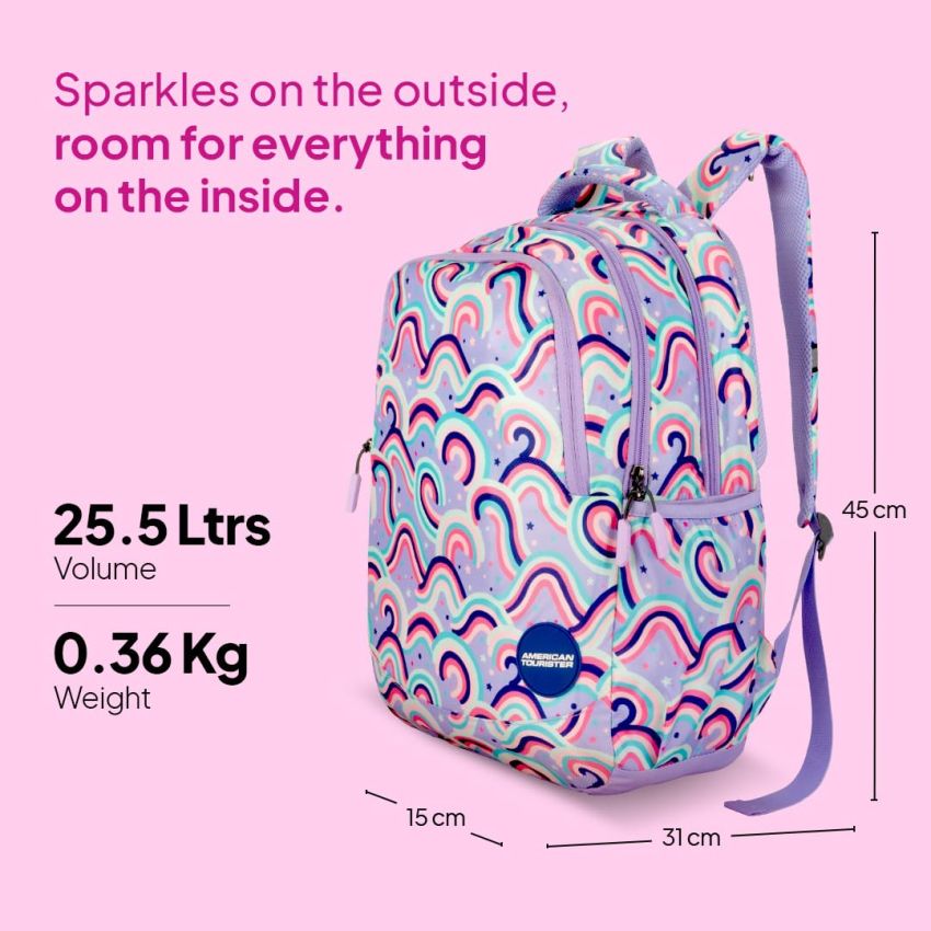 American Tourister Starlet, 25.5L Volume School Backpack with Front Organizer and Spacious Interiors for Girls & Women - Rainbow Hues