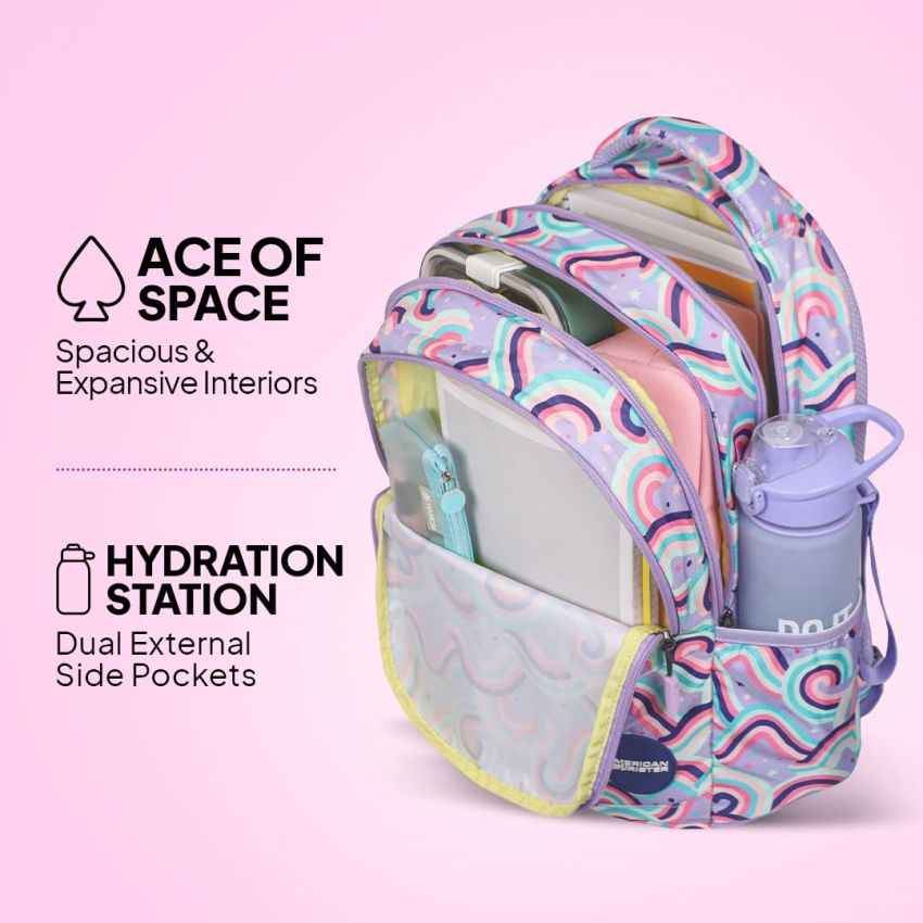 American Tourister Starlet, 25.5L Volume School Backpack with Front Organizer and Spacious Interiors for Girls & Women - Rainbow Hues