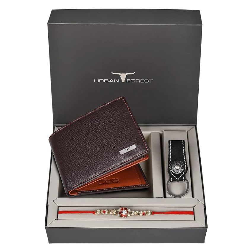 URBAN FOREST Rakhi Gift Hamper for Brother - Classic Brown Men's Leather Wallet, Black Keyring and Rakhi Combo Gift Set for Brother - 4560