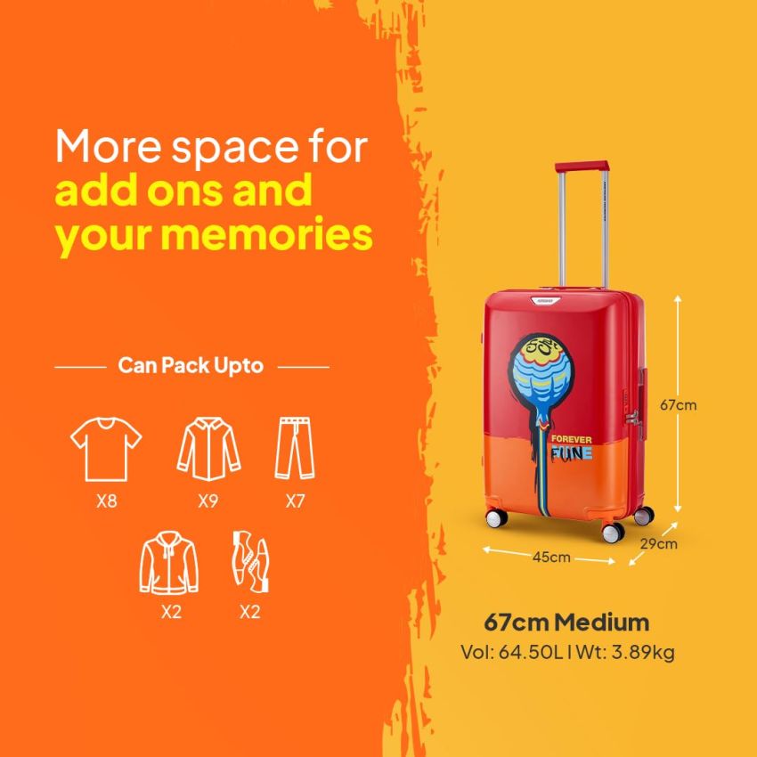 American Tourister Chupa Chups Medium Hardside Polycarbonate Cabin Suitcase with Recessed TSA Lock & Double Wheels for Women & Men - Red Orange