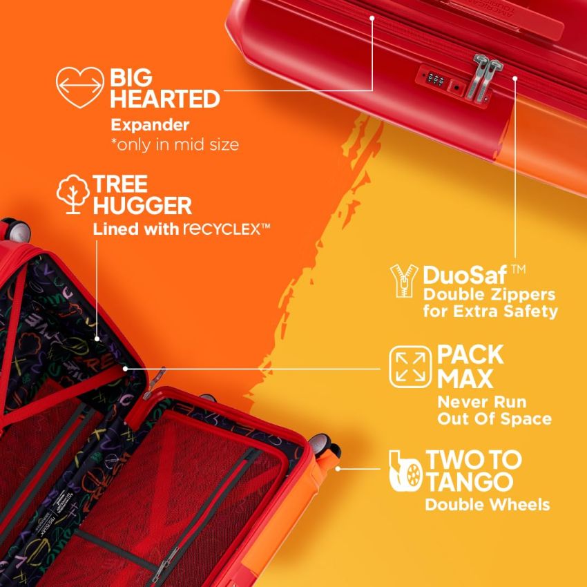 American Tourister Chupa Chups Medium Hardside Polycarbonate Cabin Suitcase with Recessed TSA Lock & Double Wheels for Women & Men - Red Orange
