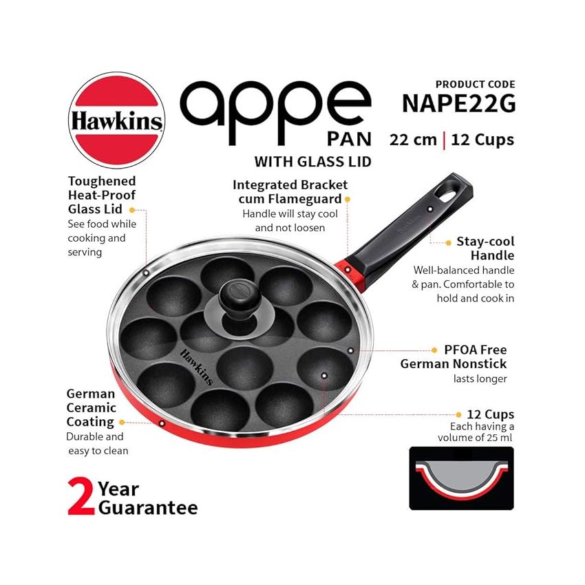 Hawkins Nonstick Appe Pan with Glass Lid, 12 Cups, Diameter 22 cm, Black , Cast Aluminium, Red