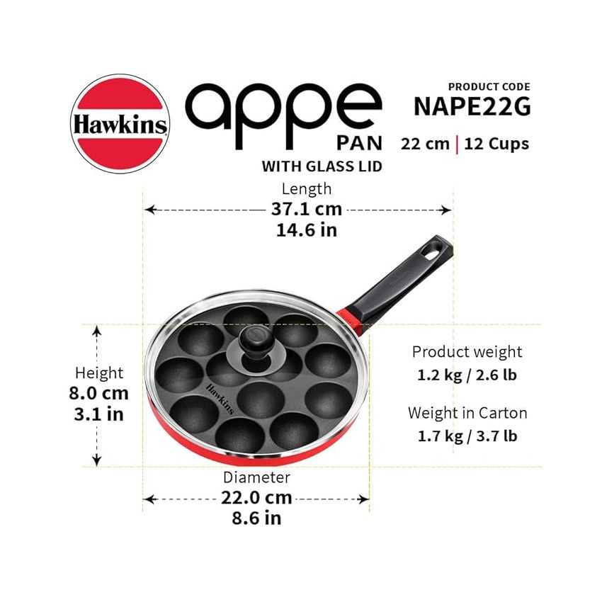 Hawkins Nonstick Appe Pan with Glass Lid, 12 Cups, Diameter 22 cm, Black , Cast Aluminium, Red