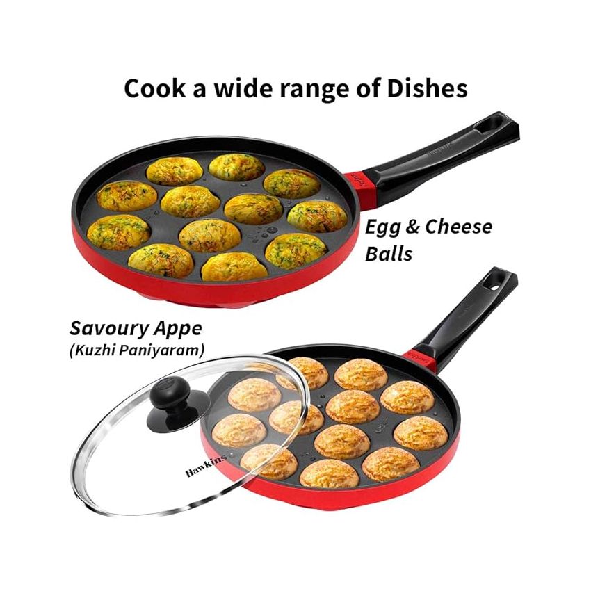 Hawkins Nonstick Appe Pan with Glass Lid, 12 Cups, Diameter 22 cm, Black , Cast Aluminium, Red