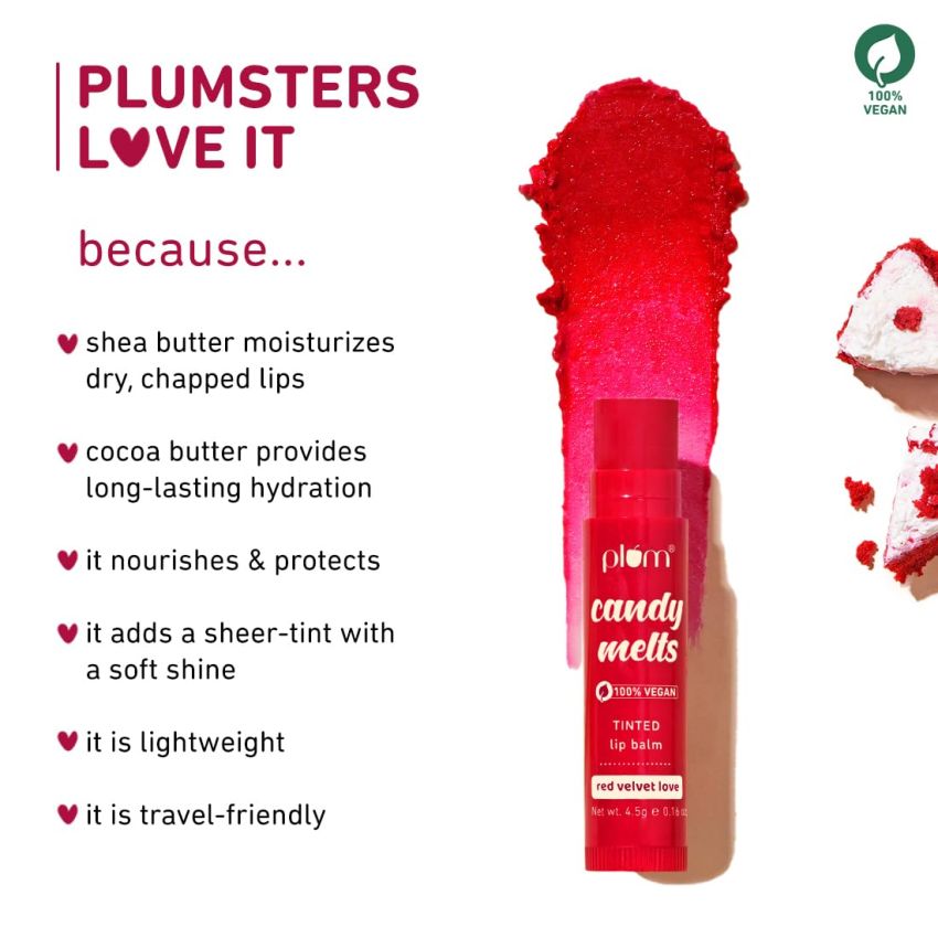 Plum Candy Melts Red Velvet Love Tinted Lip Balm | Moisturizes & Nourishes | Hydrates Dry & Chapped Lips | 100% Vegan | 4.5g