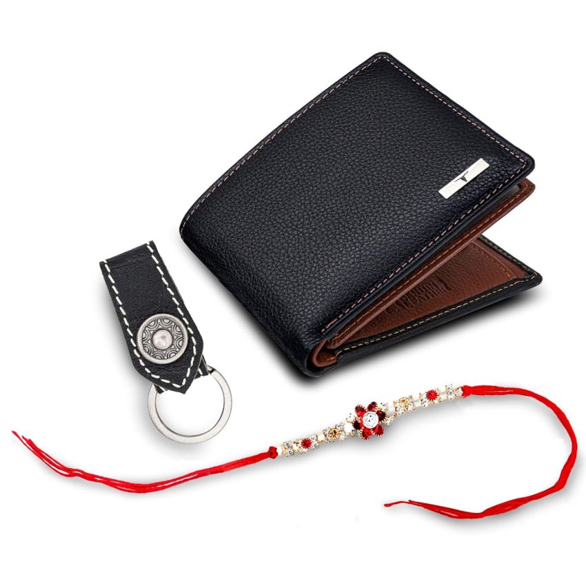 URBAN FOREST Rakhi Gift Hamper for Brother - Classic Brown Men's Leather Wallet, Black Keyring and Rakhi Combo Gift Set for Brother - 4560