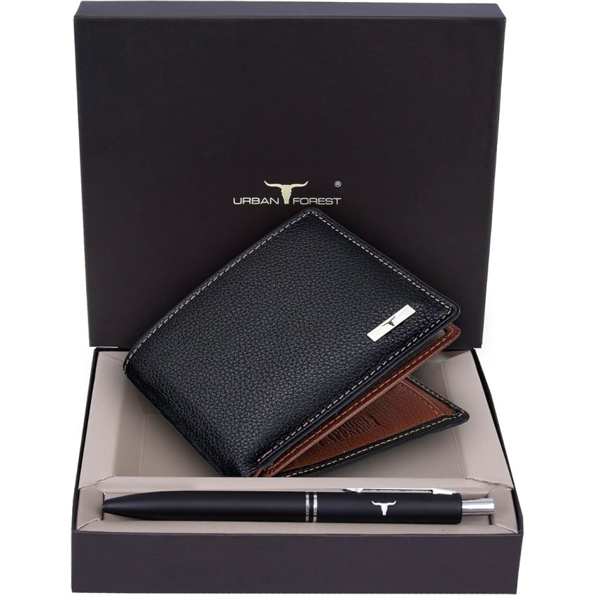 URBAN FOREST Black/Redwood Leather Wallet & Pen Combo Gift Set for Men