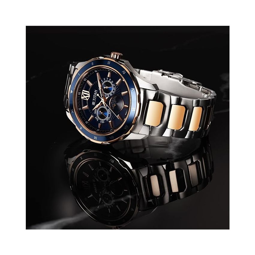 Titan Regalia Premium Blue Dial Quartz Multifunction Stainless Steel Strap Watch for Men-1688KM06