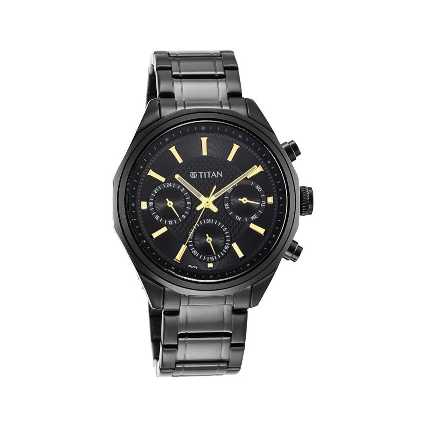 Titan Regalia Quartz Multifunction Black Dial Stainless Steel Strap Watch for Men-NS1829NM02/NT1829NM02